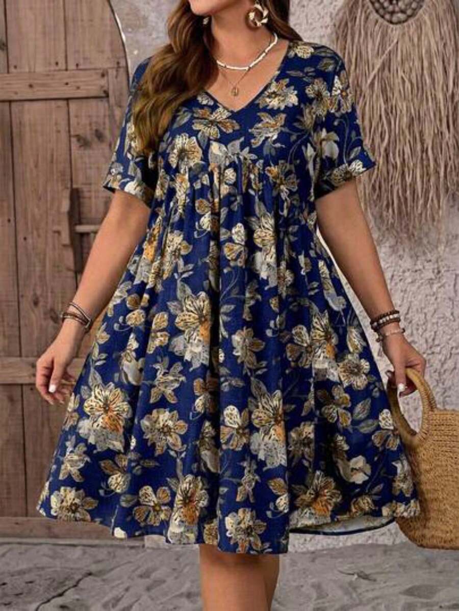 Vestido de verano con estampado floral, escote en V y manga corta para mujer de talla grande, estilo campo - Azul marino - Ver 1