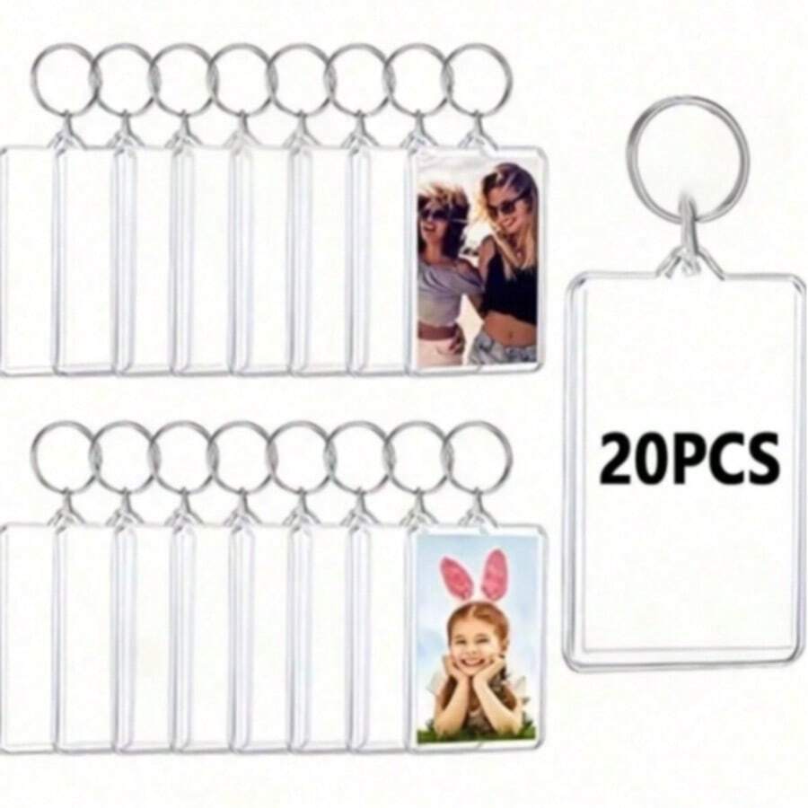 20 piezas Marco de fotos acrílico Llavero con pegatina de cabeza grande Inserto de foto Soporte de foto Anillo de llave Colgante rectangular, Para decoración colgante de fotos DIY de doble cara Marco de fotos