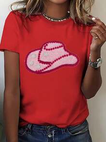 New Women's Shirt, Paired With A Sparkly Cowboy Hat, Western Style Starry Sky Design,  Vacation Top, Fashionable Casual T-Shirt - Unisex T-Shirt - 紅色 - 查看 1