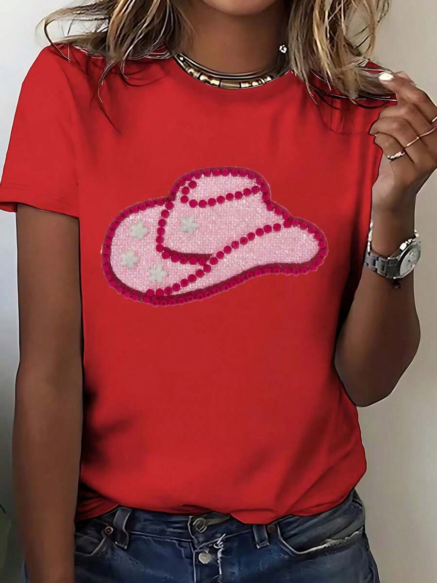 New Women's Shirt, Paired With A Sparkly Cowboy Hat, Western Style Starry Sky Design, Vacation Top, Fashionable Casual T-Shirt - Unisex T-Shirt - 紅色 - 查看 1