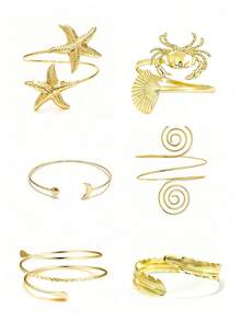 6 Peças/Conjunto Bracelete de Braço Estilo Boêmio Dourado, Pulseira de Braço Ajustável Joias para Mulheres, Acessórios de Férias de Verão na Praia - D045 - Visão 1