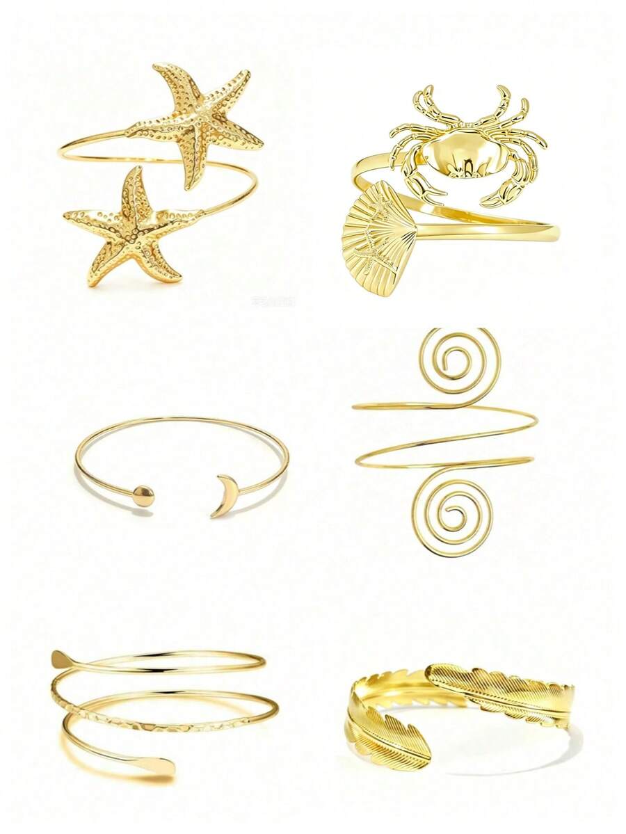 6 Peças/Conjunto Bracelete de Braço Estilo Boêmio Dourado, Pulseira de Braço Ajustável Joias para Mulheres, Acessórios de Férias de Verão na Praia - D045 - Visão 1