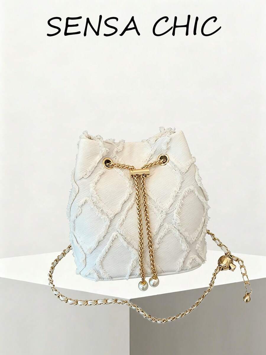 New Classic Versatile Solid Color Rhombus Trim Metal Drawstring Closure Shoulder Bucket Bag, Elegant Ladies Wallet, Suitable For Shopping, Work Commute, Social Events, Random Embroidery Pattern