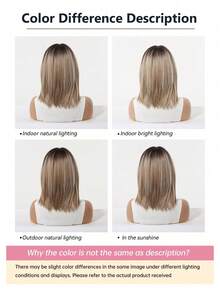 12 Inch Deep Root Light Brown Straight Bob Wig, Lightweight Soft Synthetic Fiber, Full Face Framing Bangs, Comfortable Adjustable Wig Cap, Suitable For Daily Commute, Vintage Photoshoot, Holiday Cosplay, Costume Party, Women's Fashion Synthetic Wig - Brown Ombre - View 7