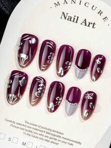 10 Peças Unhas Postiças Médias-Longas em Formato de Amêndoa, Roxas, Banhadas a Ouro, Decoradas com Flores e Strass Feitas à Mão, Estilo Francês Prateado, Arte de Unhas, Adequadas para Meninas em Férias de Verão, Uso Diário, Passeios, Festas de Feriados, Reuniões de Aniversário e Outras Ocasiões, Removíveis e Reutilizáveis - Multicolorido - Visão 7