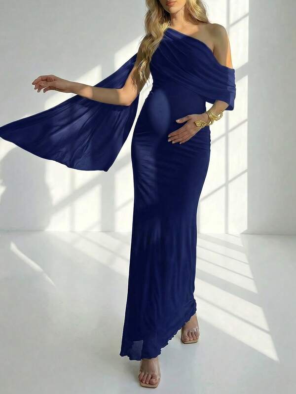 Elegant Asymmetric Neckline Solid Color Maternity Party Dress, Wedding Guest Dress, Spring/Autumn Women's Wedding Guest Dress (JH25103) Fall