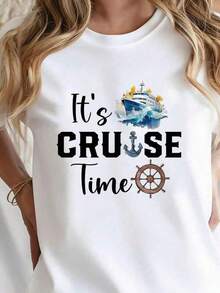 Camiseta Náutica de Crucero para Mujer, con Estampado 'Es Hora de Crucero', Roja, Casual, Cuello Redondo, Manga Corta, de - Blanco - Ver 1