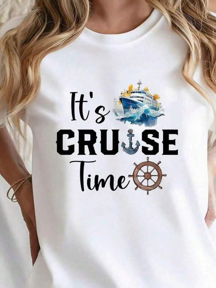Camiseta Náutica de Crucero para Mujer, con Estampado 'Es Hora de Crucero', Roja, Casual, Cuello Redondo, Manga Corta, de - Blanco - Ver 1