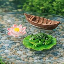 Mini ornement de paysage aquatique flottant réaliste, grenouille en résine imperméable, feuille de lotus, fleur de lotus et combinaison de petit bateau, nouveau style pastoral zen chinois, design de bloc de couleurs vert rose marron avec feuille de lotus, grenouille, fleur de lotus et petit bateau, décoration de micro paysage flottant, décoration d'aquarium / bassin de jardin / ornement de micro paysage de bureau, accessoire de décoration d'aquarium populaire - A - Voir 13