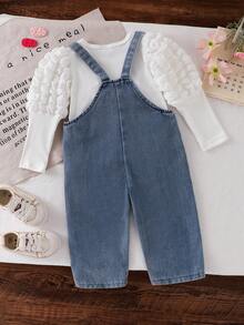 Baby Girl 2-Piece Set, Includes White Pleated Puff Sleeve Ribbed Top And Denim Overalls With Bow Embroidery, Suitable For Spring And Autumn - White - View 3