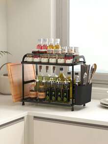 Estante de especias de doble capa resistente con soporte para tabla de cortar, estante para cuchillos y utensilios, organizador de almacenamiento de cocina, diseñado para un fácil acceso y una cocina ordenada, colocación de especias categorizada - Accesorio de cocina esencial - Estante de almacenamiento - Ver 1