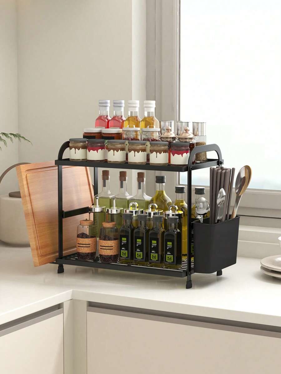 Estante de especias de doble capa resistente con soporte para tabla de cortar, estante para cuchillos y utensilios, organizador de almacenamiento de cocina, diseñado para un fácil acceso y una cocina ordenada, colocación de especias categorizada - Accesorio de cocina esencial - Estante de almacenamiento - Ver 1