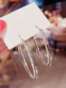 Par de Pendientes de Aro con Brillantes de Imitacióde Diamante, Elegantes para Fiestas, Discotecas y Uso Diario para Mujeres - Plateado - Ver 1