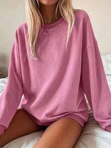 Women's Drop Shoulder Long Sleeve Casual Solid Color Warm Sweatshirt, Autumn/Winter Pink Spring - Pink - View 2
