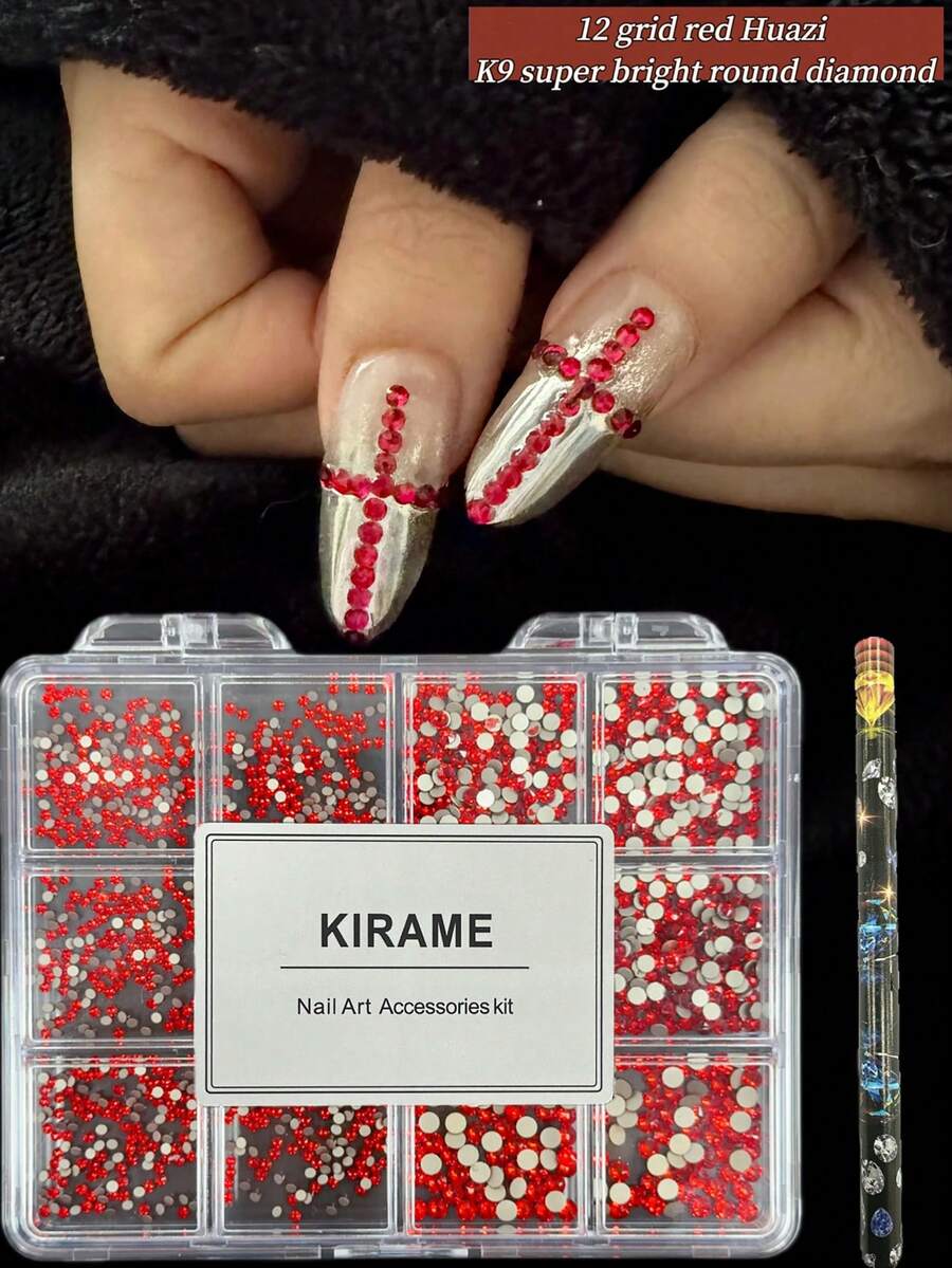 KIRAME 1800顆紅色平底圓形水鑽，高品質超亮美甲寶石套組，含1件點花工具，1-5mm亮面美甲水晶，適用DIY居家美甲、美甲沙龍、美甲用品、夏季與旅行美甲、節日禮物美甲飾品