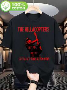 Camiseta vintage con estampado gráfico de la banda de rock The Hellacopters para hombre - una camiseta negra con un diseño musical rojo, el eslogan 'Gotta Get Action Now' y la ilustración de - Negro - Ver 1