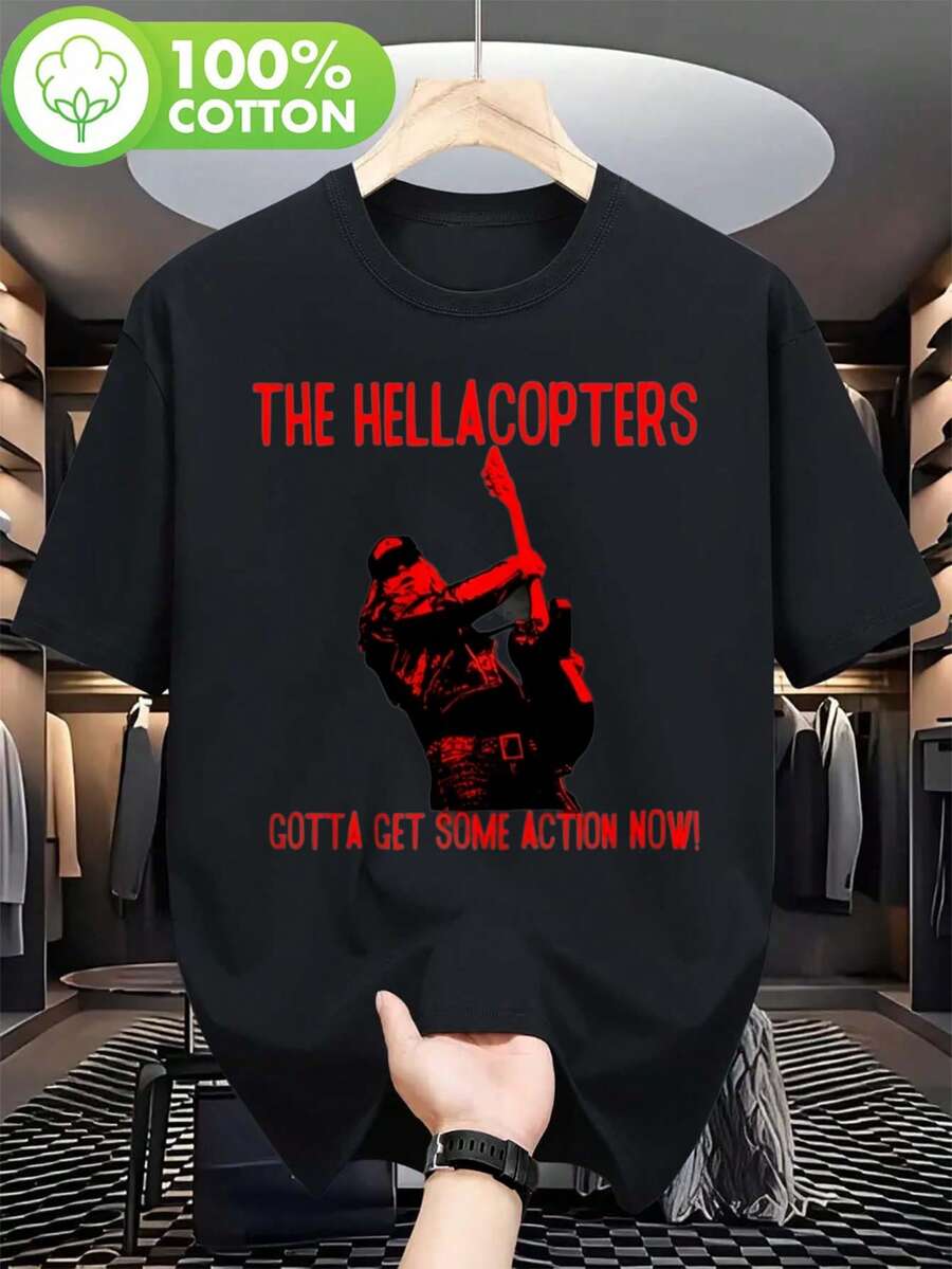 Camiseta vintage con estampado gráfico de la banda de rock The Hellacopters para hombre - una camiseta negra con un diseño musical rojo, el eslogan 'Gotta Get Action Now' y la ilustración de - Negro - Ver 1
