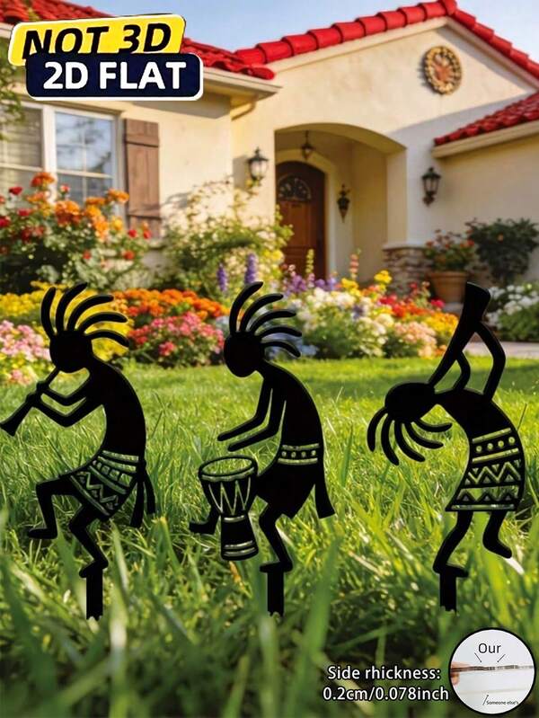 2D Vintage Flat SUPERDANT 3-Piece Set Kokopelli Outdoor Decor, Garden Decor, Ground Stake Decor (10cm/3.93inch) Totem Outdoor Plaque Ornament, Black Silhouette Outdoor Decor Yard Lawn Patio Garden Decoration Art Housewarming Gift