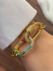 1件金色奢華攀爬扣手鍊，多色螺絲扣雙扣彩色鏈條手鍊，女性精緻日常通勤裝飾 - 金黃色 - 查看 6