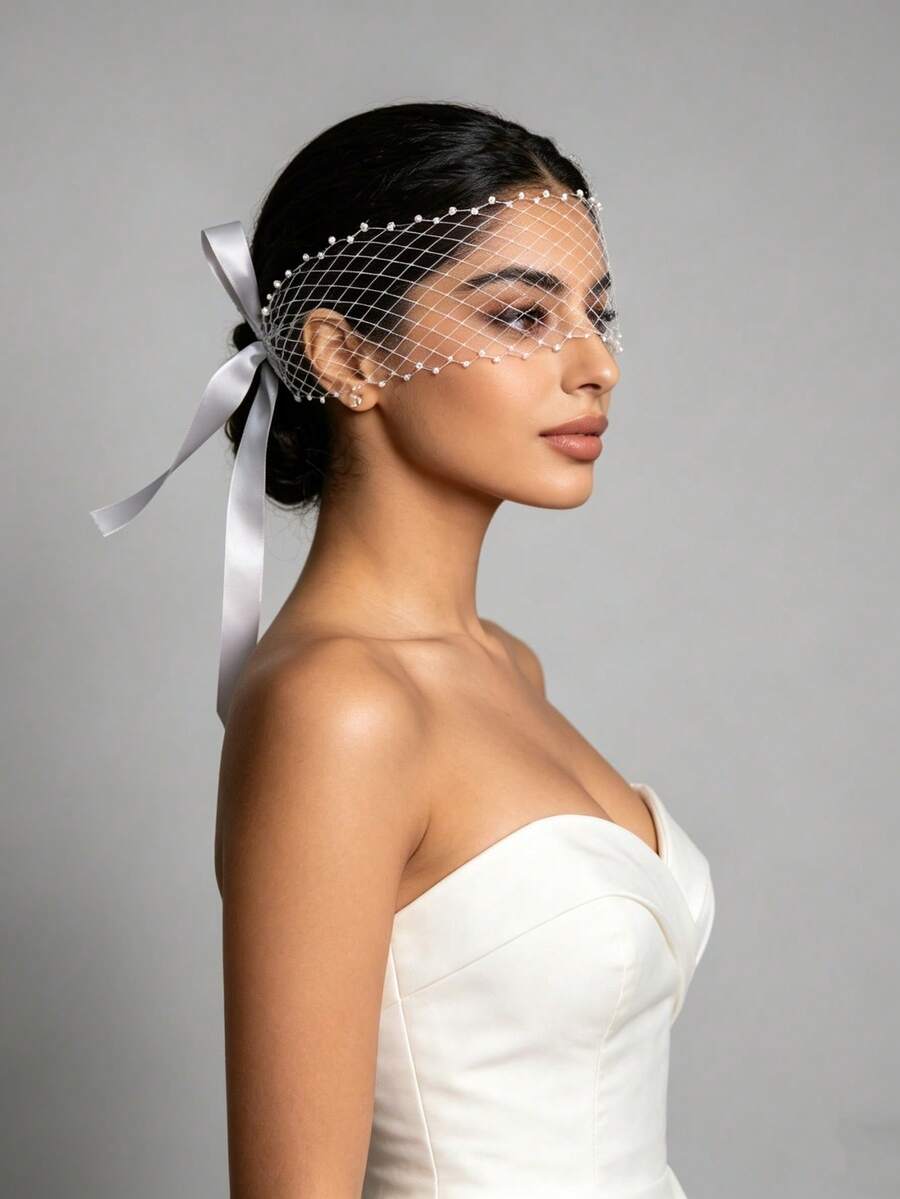 Niche Exquisite Rhinestone Birdcage Veil With Minimalist Satin Ribbon Bow Tie For Ball, Evening Party, Party