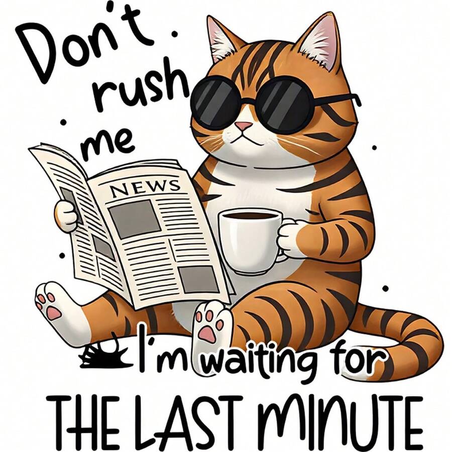 1/2/3PCS Procrastination Fashion Glasses Orange Cat Heat Transfer, Newspaper Reading Coffee Drinking Funny Text "Don't Rush Me I'm Waiting For The Last Minute" Cartoon Pattern Heat Transfer, Vinyl Print, Heat Transfer Sticker, Iron-On Transfer Sticker - Suitable For Pillows, DIY, Backpacks, T-Shirts, Canvas Bags, Hoodies, Jeans, T-Shirts, Clothing, Sewing Supplies