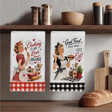 MEMNUN 2 Pcs Black Plaid American Retro 50s Housewife Cooking Slogan Printed Pattern Kitchen Towels, Dish Towels, Hand Towels, Dish Cloths, Home Decor, Kitchen Decor, Cooking Baking Hand Towels, Kitchen Accessories, Machine Washable, Cleaning Supplies, Suitable For Restaurant Kitchen, Home Decor And Gifts, All Season Use, 40*60cm/45*70cm, Super Soft Microfiber - Multicolor - View 1