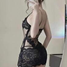 Sexy Lingerie, Sheer Lace, Sexy Nightgown, High-End Mesh Strappy Pajamas For Women, Summer Style With Embroidery That Evokes Pure Desire. - 黑色 - 查看 3