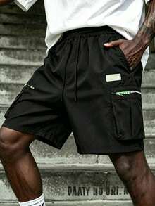 1pc Men's Summer Multi-Pocket Zipper Design Loose Quick-Dry Breathable Knee Length Shorts, Perfect For Outdoor Wear Sports - Black - View 1