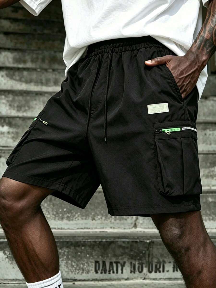 1pc Men's Summer Multi-Pocket Zipper Design Loose Quick-Dry Breathable Knee Length Shorts, Perfect For Outdoor Wear Sports - Black - View 1