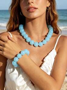 1 Set 2pcs European & American Bohemian Geometric Translucent Beaded Bracelet & Necklace Set For Women, Summer Beach Vacation - Handmade Beaded Bracelet Necklace Set - View 8