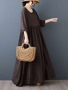 AZAH Halloween Elegant Ball 女款夏季大尺碼棕色格紋波希米亞風長洋裝，圓領寬鬆蝙蝠袖短袖 A 字裙擺附口袋休閒風 - 棕色 - 查看 1