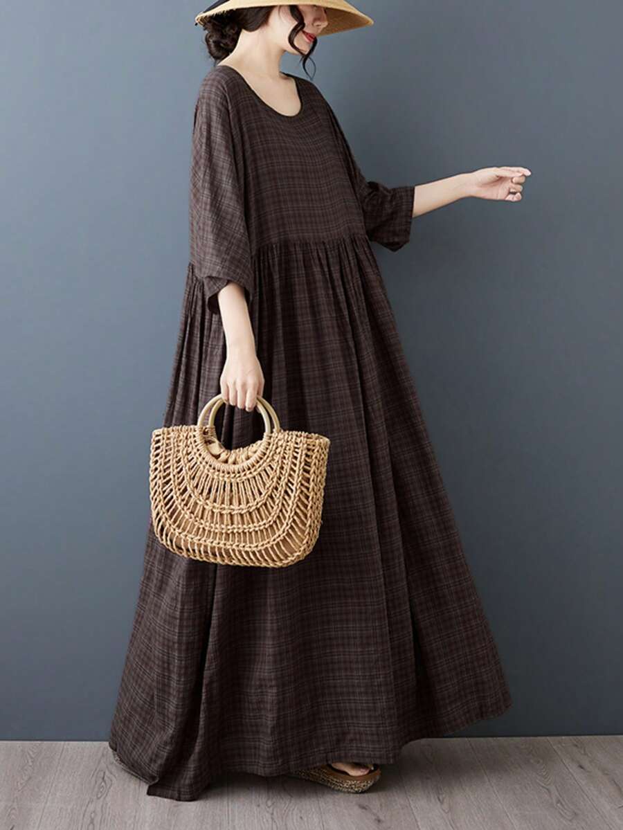 AZAH Halloween Elegant Ball 女款夏季大尺碼棕色格紋波希米亞風長洋裝,圓領寬鬆蝙蝠袖短袖 A 字裙擺附口袋休閒風 - 棕色 - 查看 1