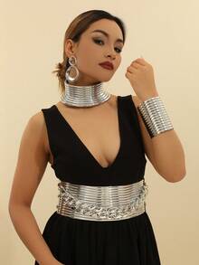 1 Set Exaggerated European American African French Korean Bohemian South Asian Style Vacation Party Evening Banquet Wedding Fashion Vintage Belt Bracelet Earrings Necklace - Silver - View 1