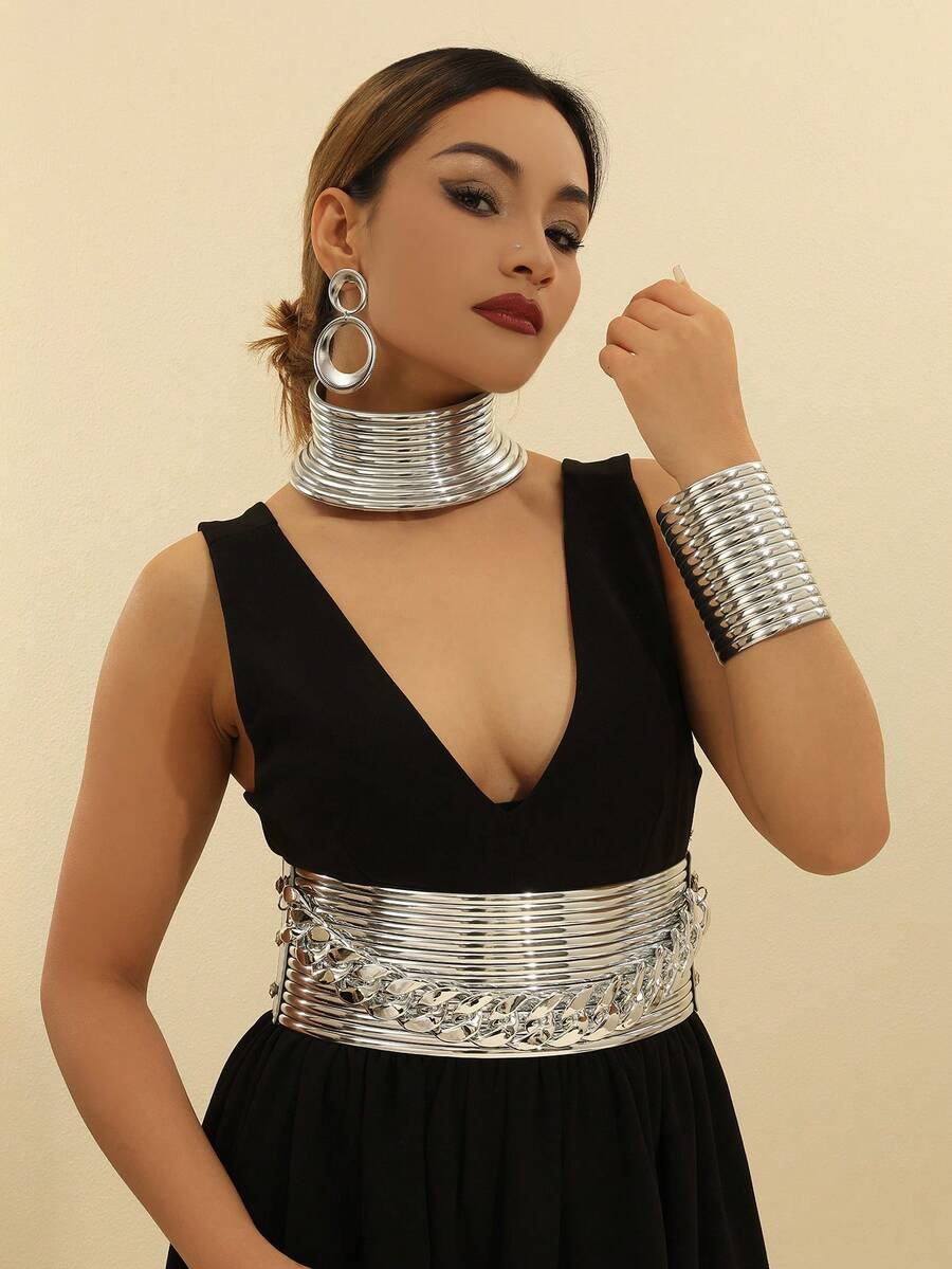 1 Set Exaggerated European American African French Korean Bohemian South Asian Style Vacation Party Evening Banquet Wedding Fashion Vintage Belt Bracelet Earrings Necklace - Silver - View 1