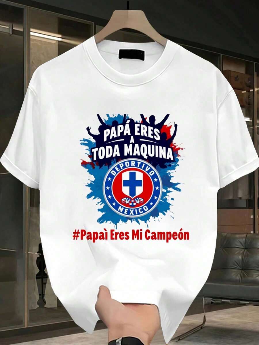Camiseta de hombre con estampado de cruz azul para el Día del Padre, de manga corta, cuello redondo, versión casual de tela Shu'S, adecuada para las cuatro estaciones, ideal para uso diario, - Blanco - Ver 1