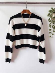 Women's Cropped Striped Sweater With Dropped Shoulders, High Crew Neck And Long Sleeves In Ribbed Knit, Ideal For Autumn And Winter. - Black - View 4