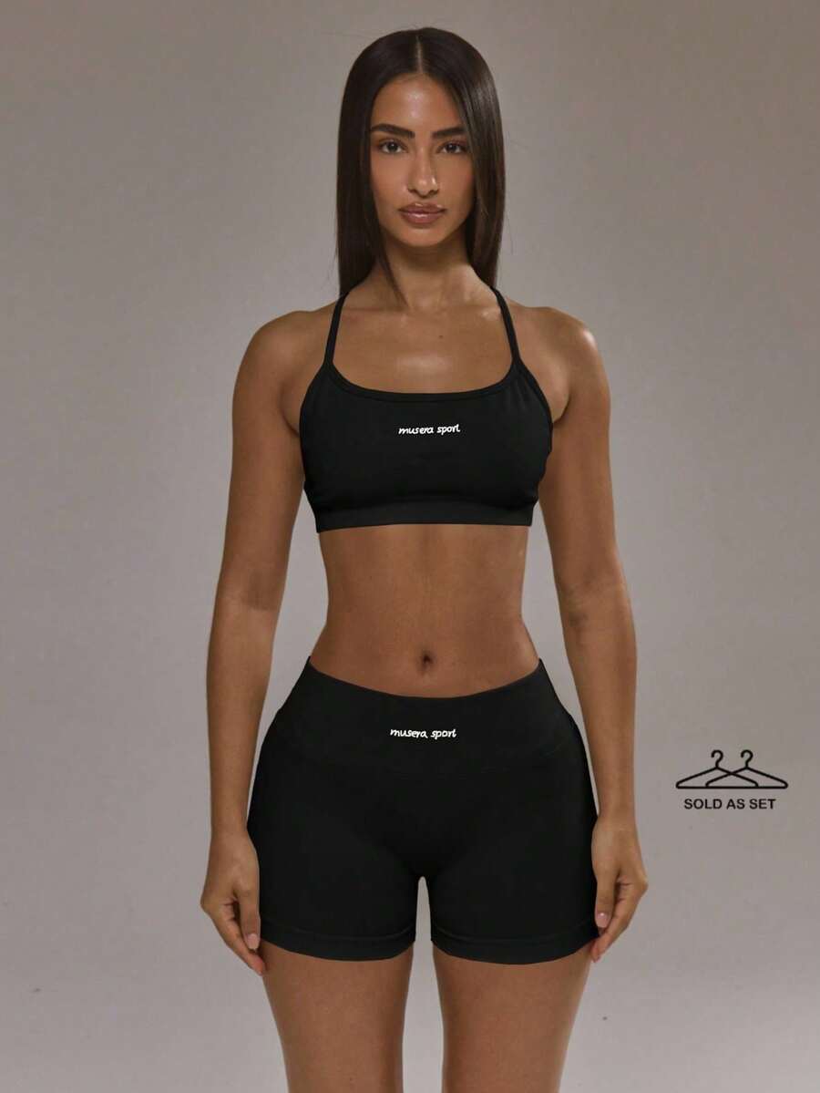 Sports Set: Sports Bra With A Racerback And Leggings With A Ruched Back. Autumn And Winter Activewear Set For Padel, Gym, Training. - Black - View 1