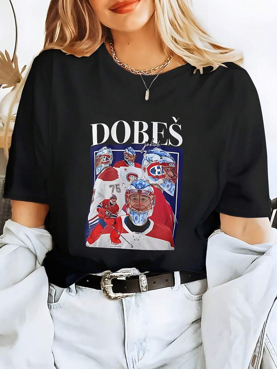 Weiches, bedrucktes T-Shirt aus reiner Baumwolle für Damen, lässiges Sommer-Basic-Top, atmungsaktiv, Rundhalsausschnitt, Kurzarm, Schwarz/Weiß - Schwarz - Übersicht 1