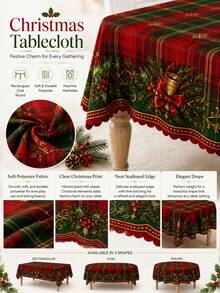 1pc Traditional Red & Green Plaid Holly Print Round Tablecloth, Suitable For Holiday Party Decor, Home Decor, Room Decor, Garden, Kitchen, Country Farmhouse Style Dining, Christmas Dinner And Family Celebration - Multicolor - View 9