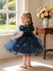 Gaun Putri Mewah Berpayet dan Mengembang untuk Pesta Bayi Perempuan, Terbuat dari Tulle, Berenda, dan Mengembang, Bando Tidak Termasuk - Navy Blue - View 5