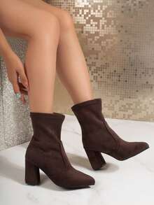 Women's Fashion Versatile Chunky High Heel Suede Patchwork Pointed Toe Slip-On Ankle Boots, Comfortable Leg-Lengthening Slimming Boots, Street Party Cute Outdoor Lolita Style - Brown - View 2