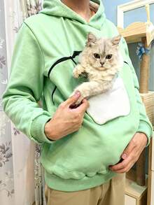 Women's Green Kangaroo Pocket Pet Pocket Sweatshirt, Warm Lining Pullover, Long Sleeve, Regular Fit, With Front Pocket Casual - View 3