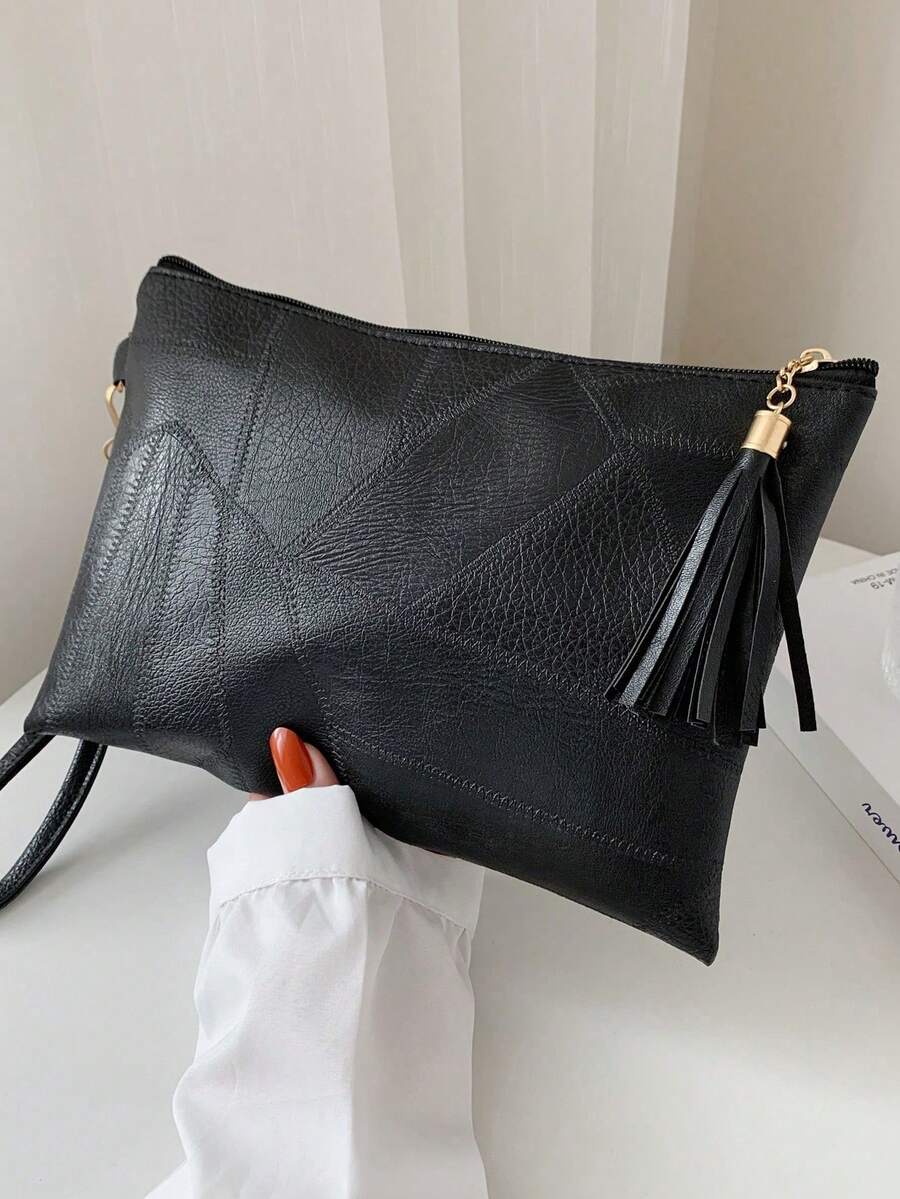 Bolso Cuadrado Mediano con Detalle en Relieve y Cierre de Cremallera a la Moda - Negro - Ver 1