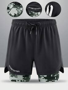 Men's Sports Shorts, Black Minimalist With Camouflage Hem, 2 In 1 Design + Waist Drawstring, Comfortable And Non-Clinging, Perfect For Fitness, Running, Training, Slightly Stretchy Fabric Without Restriction, First Choice For Summer Sports Style, Essential For Outdoor Activities And Gym Workouts. - Black - View 8