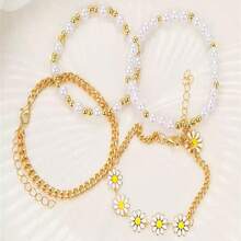4pcs Daisy Flower Faux Pearl Layered Bracelet Set Boho Style Gold Tone Chain Bracelets For Women Daily Party Jewelry Gift - Multicolor - View 4