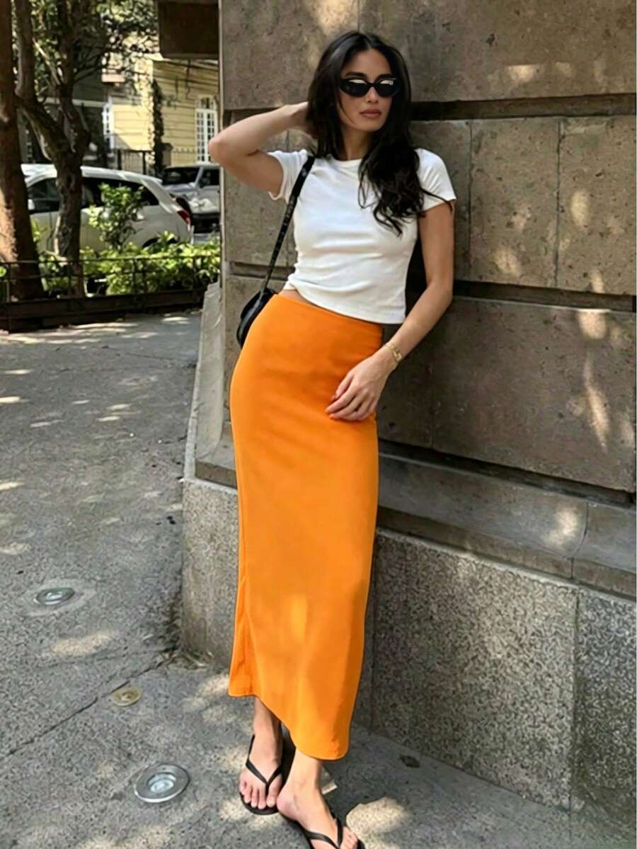 橘色修身長直裙,女款時尚聚酯纖維休閒派對洋裝,百搭可愛,適合日常穿著、夏季度假穿搭,適用於海灘、音樂節與夏季假期 - 橘色 - 查看 1
