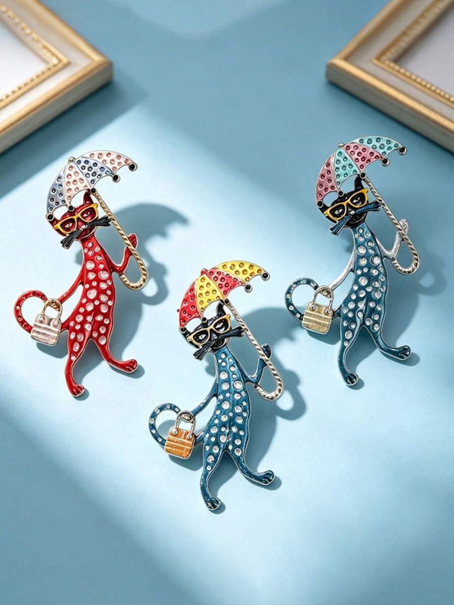 Cute Cat With Umbrella Brooch Pin For Women, High-End Luxury Versatile Kitten Brooch Corsage - Multicolor - View 1