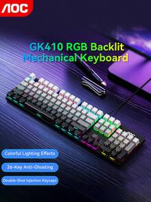 Teclado Mecánico AOC, Retroiluminado con Cable, 3 Opciones de Color, Efectos de Iluminación Multicolor, Anti-Ghosting de 26 Teclas, Teclas de Inyección Doble, Diseño de Teclas Alto-Bajo, Diseño Ergonómico, Para Uso en Juegos & Oficina - Ver 2
