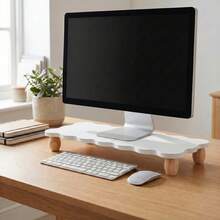 Wood Monitor Stand Riser, 60x24x8 Cm – Cute Cloud Shape  Desk Shelf, Laptop Riser For PC, Printer, TV, White & Brown - View 1