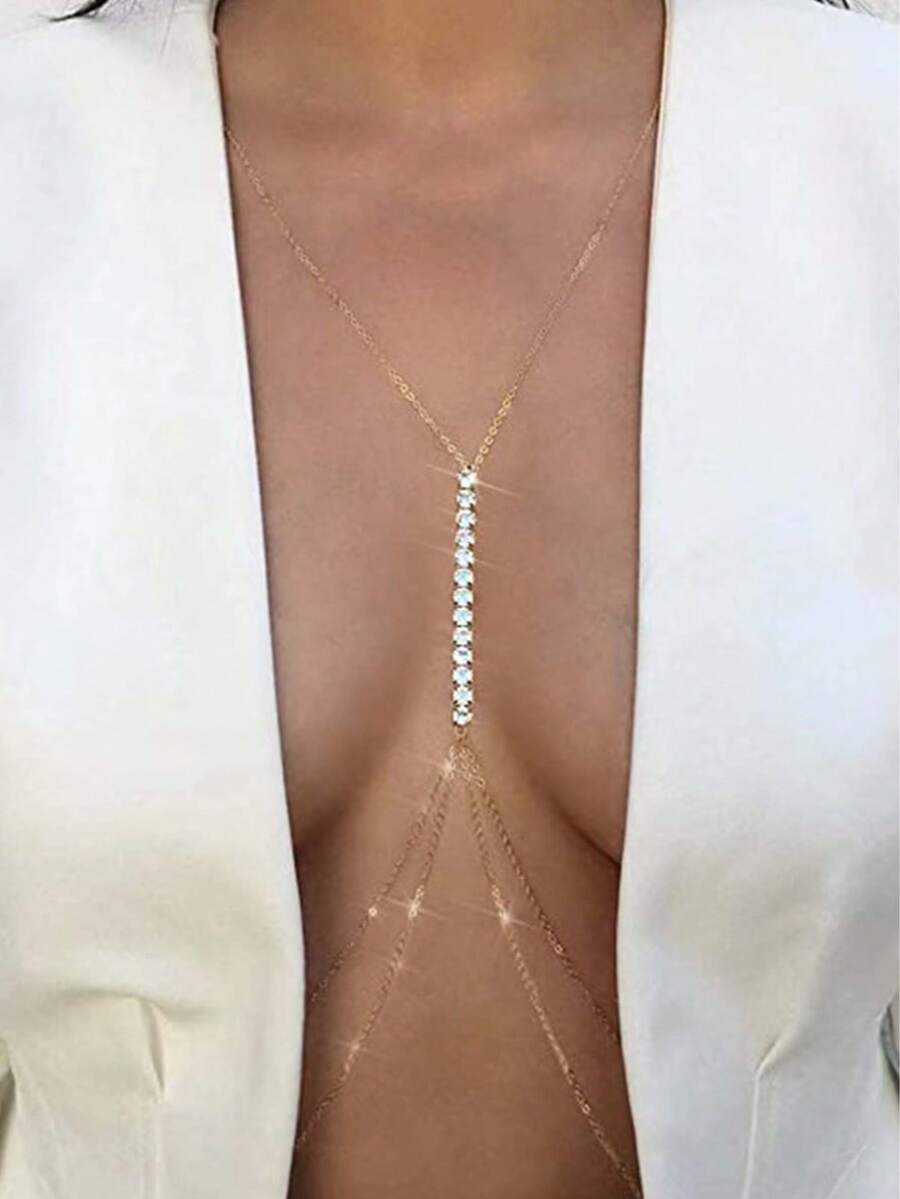 1pc Metal Water Ripple Bead Chain Sexy One-Piece Body Chain, Beach Vacation Style Waist Chain & Chest Decor - Gold 7 - View 1